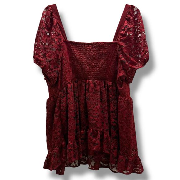 Torrid Women's Dark Red Babydoll Lace Puff Sleeve Top Size 0 L 12 - Picture 5 of 7